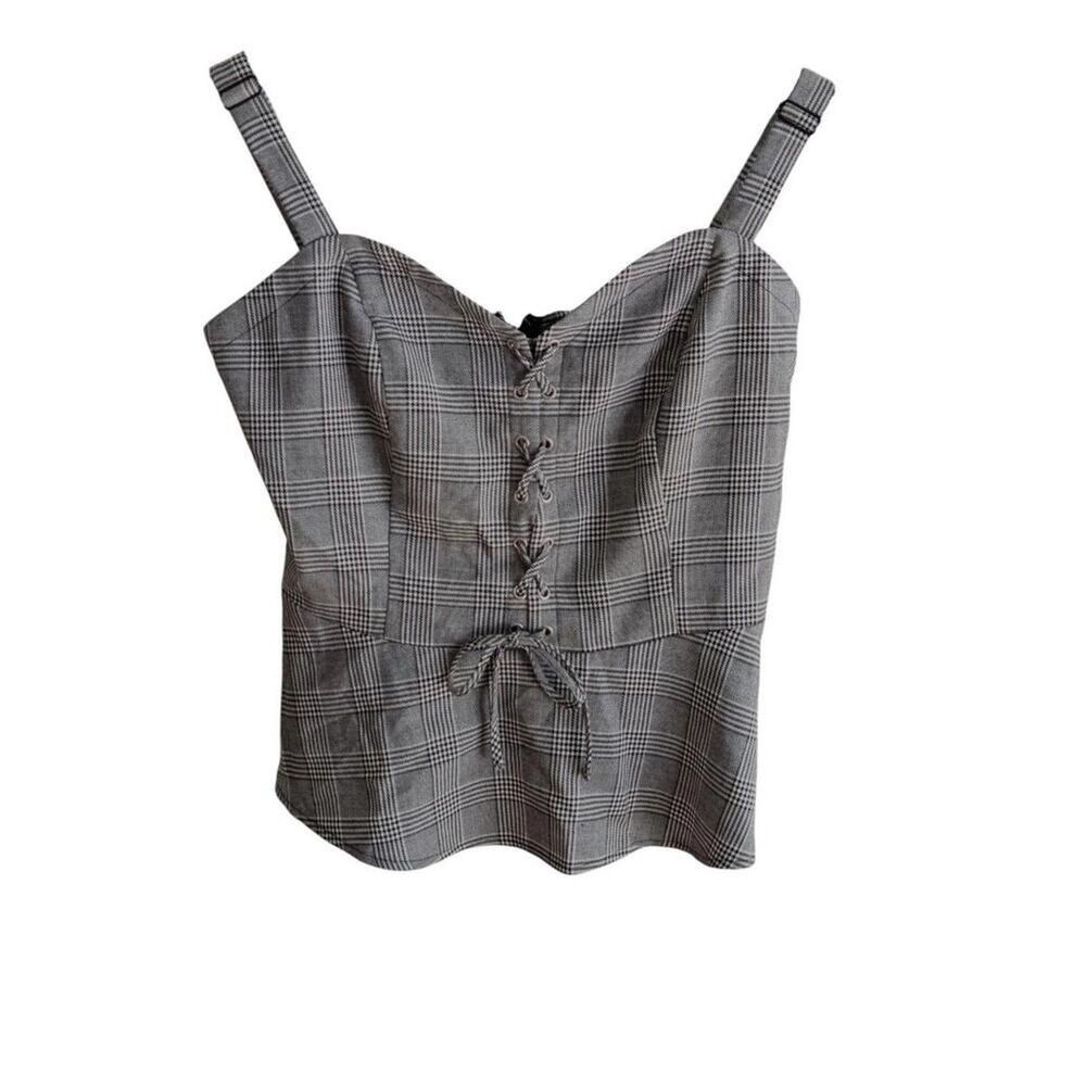 Venus Front Corset Lace Up Plaid Cami Grey/Black With Adjustable Strap 12